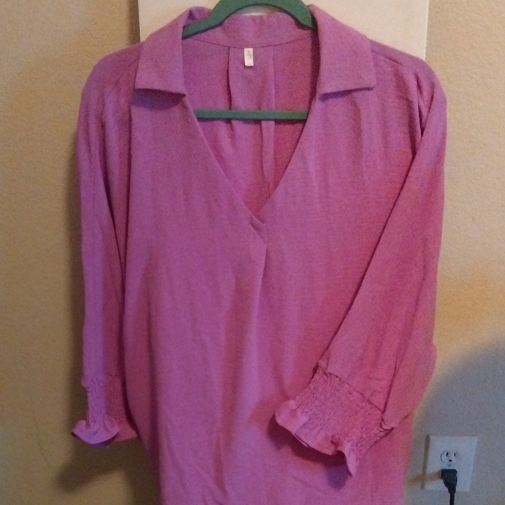 Women's Pink V-Neck Blouse with Smocked Cuffs